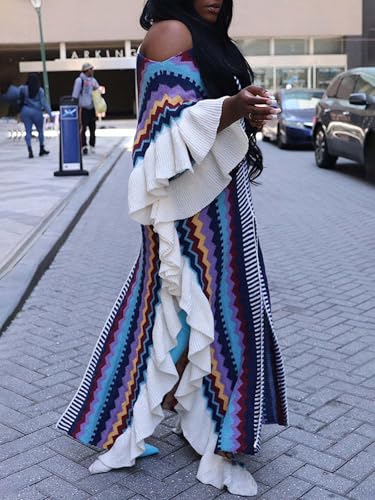 XZLUFNY Women's Striped Ruffle Knitted Sleeveless High Split Hem Loose Maxi Dress4