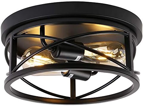 Classic Industrial Model Rustic Farmhouse Ceiling Mild Semi Flush Mount Fixture Black Steel Cage 2-Mild for Bed room Kitchen Dwelling Room Hallway Lavatory Eating Room