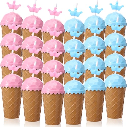 Yungyan 24 Pack Ice Cream Crown Cups with Straws 14 oz Plastic Tumblers for Ice Cream Drips Party Favors Princess Birthday Decorations Gifts Beach Hawaii Holiday Supplies 2 Colors