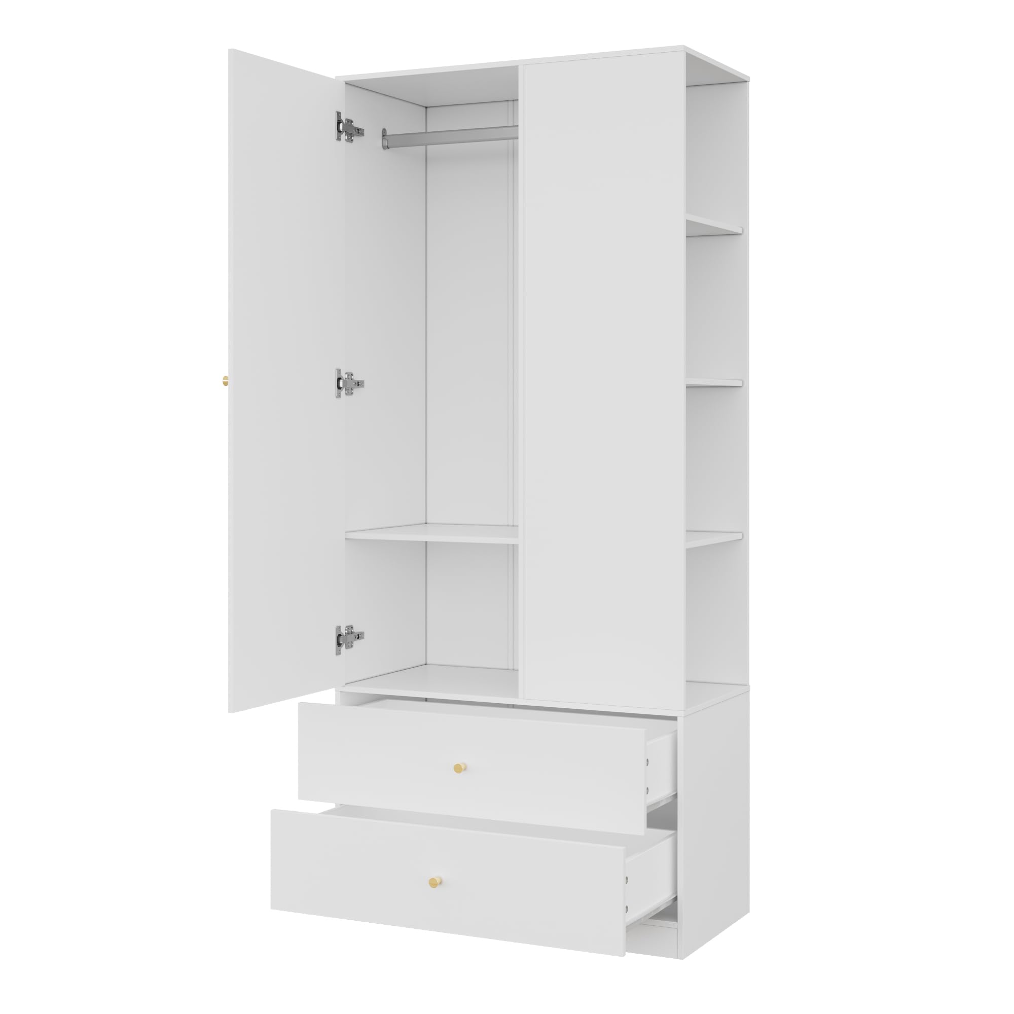 Armario blanco de 80 cm con puerta de espejo y 2 cajones grandes, barra para colgar ropa y estantes laterales, armario estrecho compacto para el dormitorio