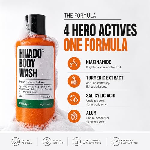 Image of HIVADO Men's De-Tan Body Wash 3x250ml | Tan Removal & Skin Brightening Shower Gel with Niacinamide & Turmeric | Controls Oil, Body Odour & Back Acne | Alum, Salicylic Acid & Lactic Acid Formula | Hydrating Cleanser | Sage & Leather Scent