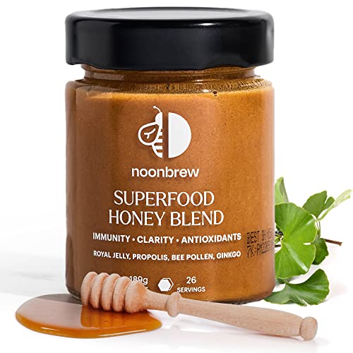 NoonBrew Superfood Honey - Caffeine Free Fuel For Body, Gut and Mind. Enhance Immunity, Mental Clarity, & Athletic Performance Naturally. Ginkgo Biloba, Royal Jelly, Propolis, & Bee Pollen. Made With Organic Honey From Brazil. Paleo, Gluten Free, All