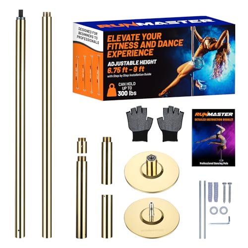 RunMaster Premium Spinning and Static Dance Pole Kit - Portable 45mm Exercise Pole for Club, Party, Home Use - Easy Assembly, Sturdy Steel Construction with Silicone Rubber Protection - Gold