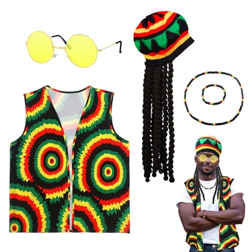 Juego de accesorios para disfraz rasta, 5 piezas con gorro peluca Jamaica Reggae batik T-Shirt gafas sol collar trenzado pulsera