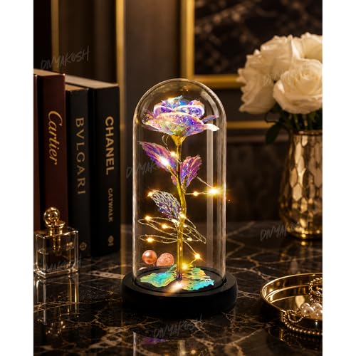 Image of Divyakosh Rose Glass Dome Lamp | Aesthetic Room Decor Light for Bedroom, Bedside & Living Room | Cute Romantic Gift for Girlfriend, Wife & Couples | Modern Decorative Showpiece