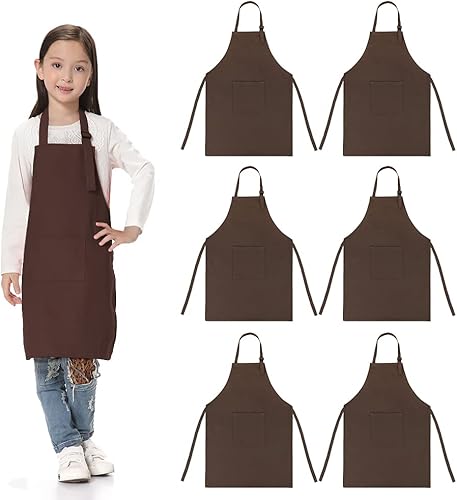TOPTIE Paquete de 6 delantales coloridos de lona de algodón para niños con bolsillo, delantal de pintura de artista y delantal de chef