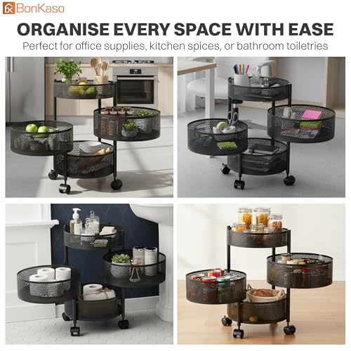 Image of BonKaso 4-Layer Round Multipurpose Kitchen Trolley with Swivel Storage Basket & 360 Rotating Wheels, Black Steel Frame, Easy Mobility, Space-Saving and Durable