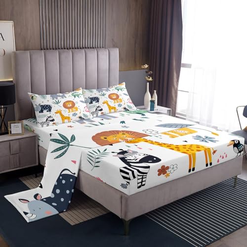 Feelyou Kids Zoo Animal Fitted Sheet Cute Wild Animals Bed Sheet Set Cartoon Safari Wild Bedding Set Boys Girls Children Vibrant Bedroom Decor Exotic Natural Bed Cover Bedding Sheet Twin Size 3Pcs