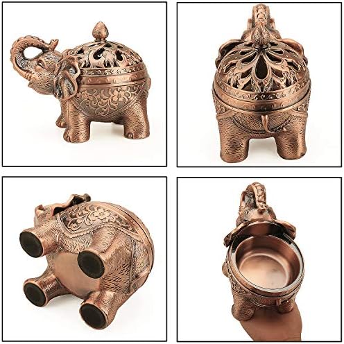 Alloy Incense Holder Stand Elephant Cone Coil Incense Burner Ash Catcher with Lid, Aromatherapy Ornament Home Decoration for Indoor Outdoor Office (Red Copper)