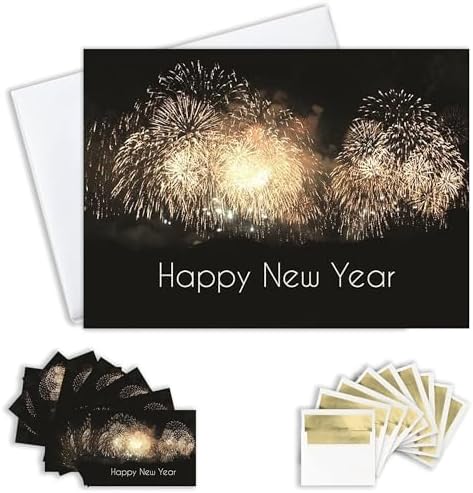 CEO Cards - New Year Greeting Cards (Fireworks Burst), 5x7 Inches, 25 Cards & 26 White with Gold Foil Lined Envelopes (N1505)