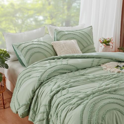 Image of ENJOHOS Sage Green Full Comforter Set for College Girls - Boho Tufted Rainbow Comforter Full Size, 3 Pc Rainbow Bedding for All Season, Lightweight Soft Microfiber Comforter with 2 Pillowcase