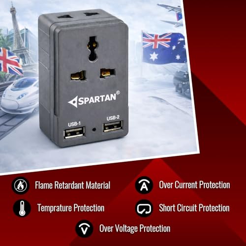 Image of Spartan 3 Pin All Multiplug Charger /Travel Adapter, 10A Power Sockets / 2Pin & 3Pin Socket Adapter with Dual USB Charging Port (Grey, Pack of 1)