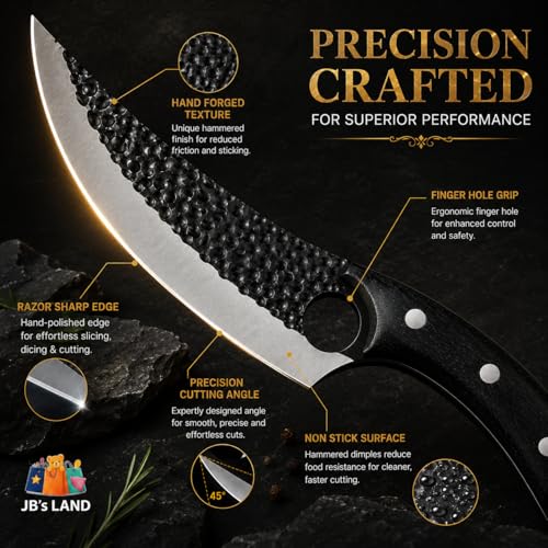 Image of JB'S LAND Hand Forged Chef Knife 8 Inch | Razor Sharp High Carbon Stainless Steel Kitchen & Butcher Knife with Full Tang Wooden Handle, Leather Sheath for Meat, Fish, Vegetable & BBQ Cutting