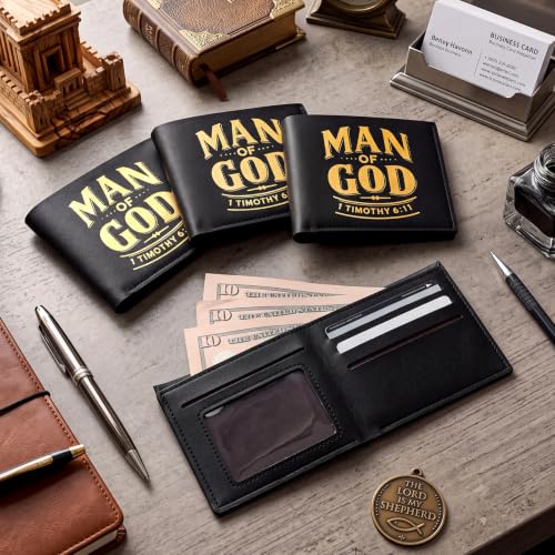 Image of Sadnyy 10 Pcs Christian Gifts PU Leather Wallet for Men with Money Clip and Cardholder Engraved Leather Wallet Man of God Faith Religious Father's Day Birthday Inspiring Pastor Gifts