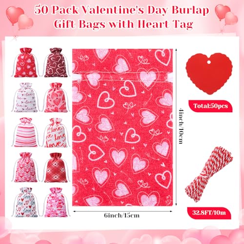 Sweetude 50 Pack Valentine\'s Day Burlap Gift Bags with Heart Tag 4 x 6 Inch Small Heart Gift Drawstring Bags Reusable Wedding Favor Sacks Jewelry Candy Treat Pouches Rope for Wedding Party Supplies - Thumbnail 2