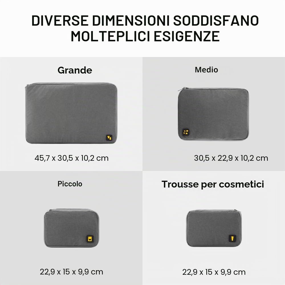 LEVEL8 Set di 4 Organizer Valigie Viaggio, Cubi Organizzatori di Imballaggio, Essential, Impermeabili Accessori per i Vestiti, Cosmetici, Scarpe, Intimo (Grigio)