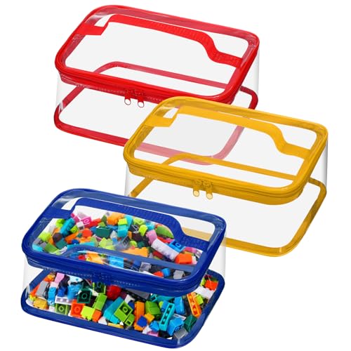 Image of Nitial 3 Packs Small Clear Toy Storage Bags, PVC Toy Storage Bags with Zipper Handle, Waterproof Transparent Container for Small Toys, Building Blocks and Board Games(Red, Blue, Yellow)