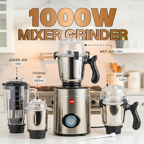 Image of CELLO Steelox Pro 4 Jar Mixer Grinder for Kitchen 1000 Watts | 500ml, 1.2L, 1.5L Steel Jars with 1.5L Juicer Jar, Heavy Duty Powerful Copper Motor | for Grinding Mixing Juicing | 5 Years Warranty