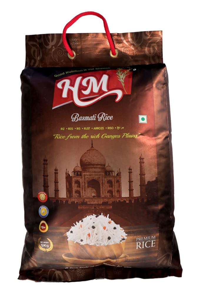 HM Basmati Rice (5 Kg). Uttarakhands premium rice brand. Long grains. Elongates manifold when cooked but does not fatten much. Uniform grain size. Each grain stays partitioned when cooked, giving a light, feathery outcome with fluffy, slender & non-s (B09DT498XF) Amazon Price History, Amazon Price Tracker