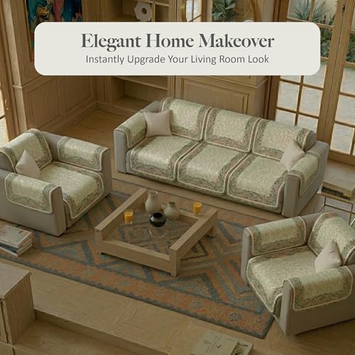 Image of Kuber Industries 5 Seater Sofa with Arm Cover | Velvet Slipcover for Living Room | Thick & Cozy | Non-Slip Comfort Sofa Cover Set | Digital Painting Juliet 1186 - Beige & Green