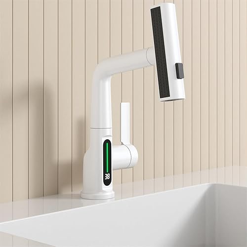 Miniatura 7 de Baño de una sola manija lavabo grifo extraíble con cabezal de pulverización de lluvia temperatura pantalla digital vanidad mezclador grifo blanco