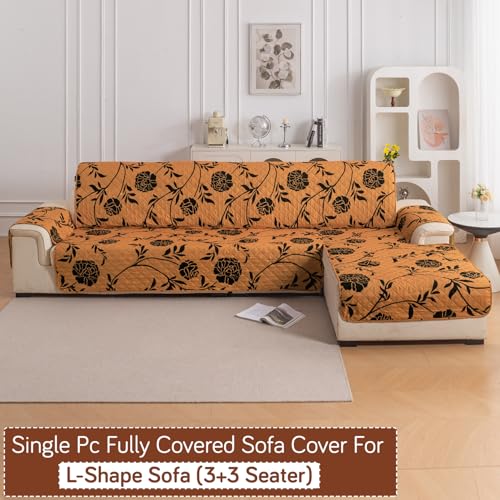 Image of HOKIPO 'Elira Series' Printed Quilted One-Piece L Shape 6 Seater (3+3) Sofa Cover with Right Chaise | Anti-Slip Design, Copper Brown Floral (AR-6230-C8)
