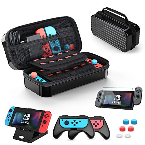 HEYSTOP Case for Nintendo Switch, 11 in 1 Nintendo Switch Carry Case with 2 Joy-con Grips for Nintendo Switch, Adjustable PlayStand, Tempered Glass Screen Protector with 6 Thumb Grip Caps, Black