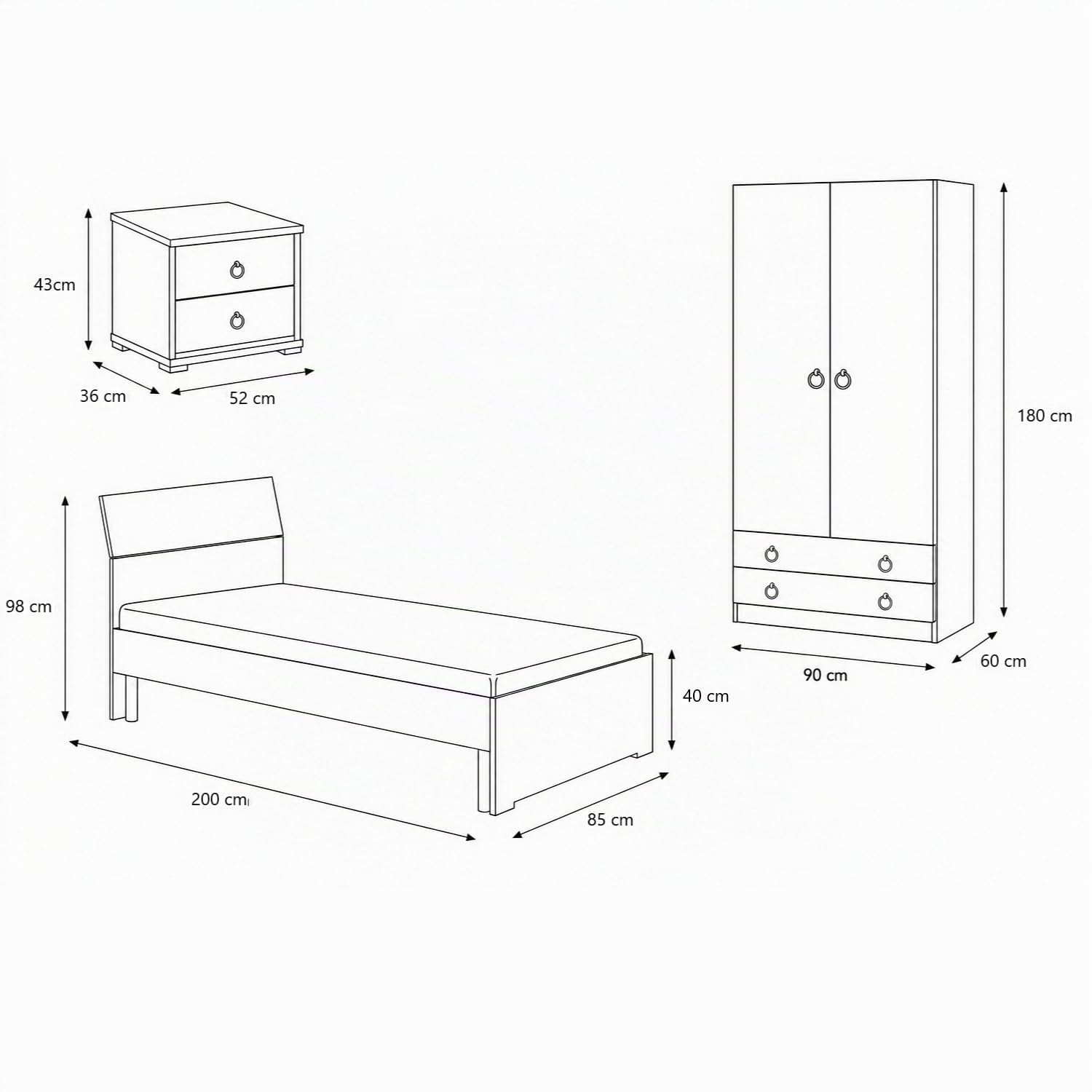 Cameretta Classic con Armadio 2 Ante e 2 Cassetti Comodino 2 Cassetti e Letto Singolo Made in Italy Camera Ragazzi Bambini Struttura Letto Senza Rete e Materasso (Bianco Frassinato)