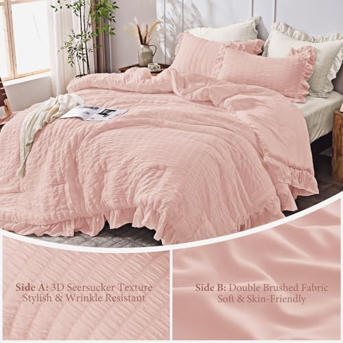 Image of JOLLYVOGUE Rose Gold Queen Comforter Set, 3 Pieces Seersucker Comforters Queen Size, Lightweight & Fluffy Bedding Sets for All Season with 1 Ruffle Comforter and 2 Ruffle Pillowshams