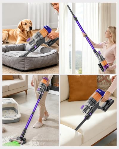 Image of Cordless Vacuum Cleaner, 120Mins Runtime with 2 Batteries, 500W 40KPa Vacuum Cleaners for Home, Green Light Anti-Tangle Brush & Wall Mount Charging, Lightweight for Pet Hair Carpet Hard Floors
