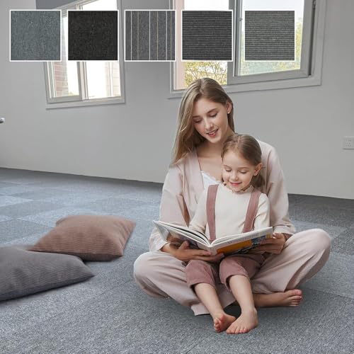 タイルカーペット 50x50cm 20枚【約3畳】 5mm厚 フリーカット フロア カーペット タイル オフィス 専用ずれ防止テープ付き おしゃれ 滑り止め 床暖房対応 防音 防炎 原状回復可 会社/家庭/賃貸/業務用/住宅/高齢者用 タイル 杢グレー（色番0102） [3]