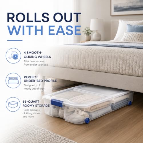 Image of 66 Qt Under Bed Storage Bin with Wheels, Clear Split-Lid Container, Blue