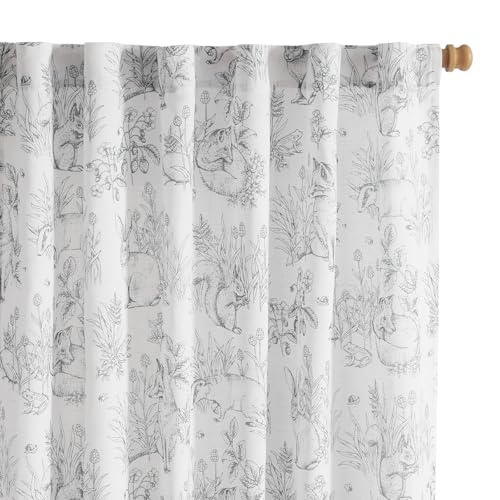 Image of Vangao Easter Grey Nursery Curtains for Kids Room Linen Curtains 84 Inch Long Farmhouse Drapes with Bunny Woodland Wildlife Print Light Filtering French Country Forest Design 2 Panels