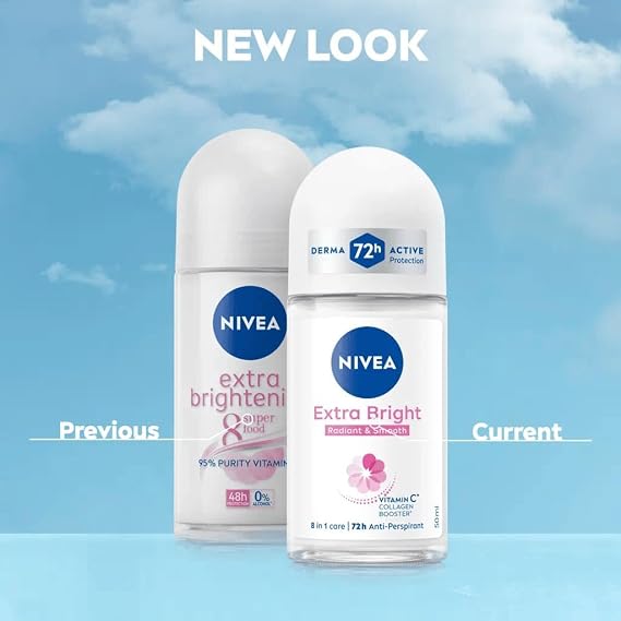 NIVEA Extra Brightening Flavor, Roll-On Deodorant, Alcohol-Free, 48HR Odor Protection, 50ml, 1.69oz, Pack of 3