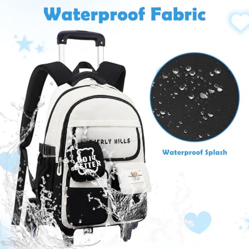 Image of PALAY Trolley School Bag Black White Polyester School Bag with Wheels Large Capacity Children's Trolley Backpack with Mini Pouch Waterproof Multi-Compartments Rolling Backpack for Elementary, Middle