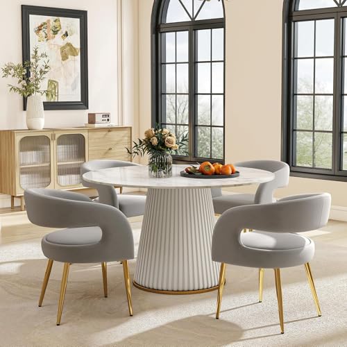 Hyfirm Grey Barrel Dining Chairs Set of 4, Upholstered Velvet Dining Room Chairs with Gold Legs Hollow Back Modern Comfy Armchairs for Kitchen Recepition Restaurant