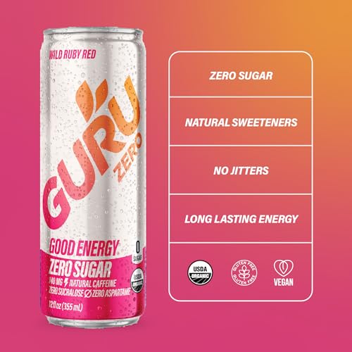 Image of GURU Zero Sugar Energy Drink, Ruby Red Organic Sparkling Energy Drink with 140 MG Natural Caffeine & Coconut Water for Workouts, Performance & Midday Boost, Gluten Free, Vegan, 12 Fl Oz, 24 Pack