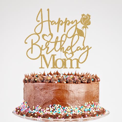 Happy Birthday Mom Cake Topper - Glitter Rose Flower