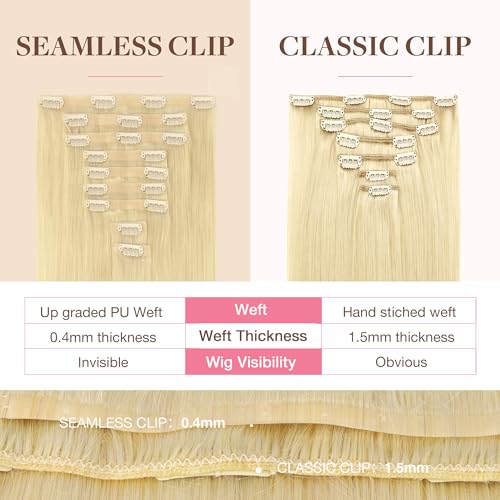 Image of GOO GOO Clip in Hair Extensions Real Human Hair, Remy Human Hair Extensions Clip ins for Women, Natural Human Hair, 14inch 130g 9Pcs, 613R Bleach Blonde