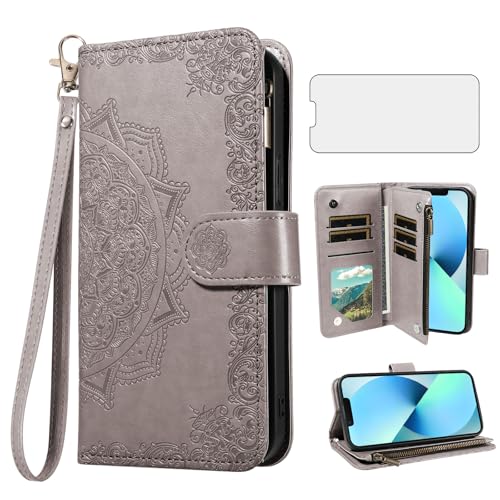 Coque iPhone 13 Asuwish avec protège-écran verre et porte-carte gris