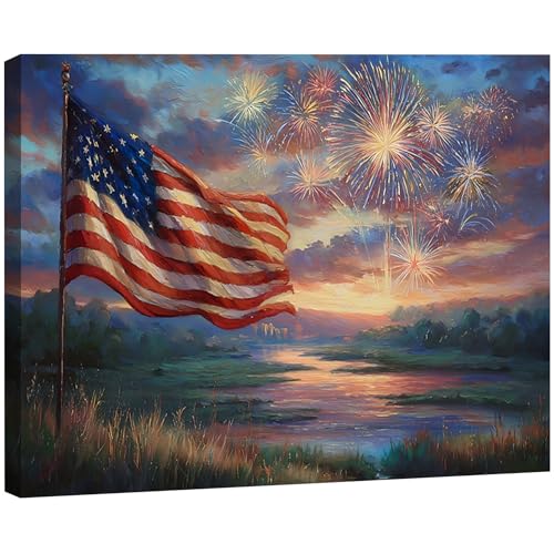 Image of RIBNTAK 4th of July Canvas Art - Vibrant American Flag & Fireworks, Patriotic Wall Art for Independence Day, Perfect for Living Room, Office, Holiday Decorations and Inspirational Artwork