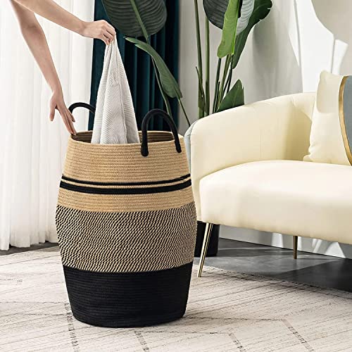 Image of 65L Extra Large Woven Laundry Hamper Basket With Heavy Duty Cotton Rope Handles For Clothes And Toys In Bedroom, Nursery Room, Bathroom (13 inch X 15 inch, Beige)