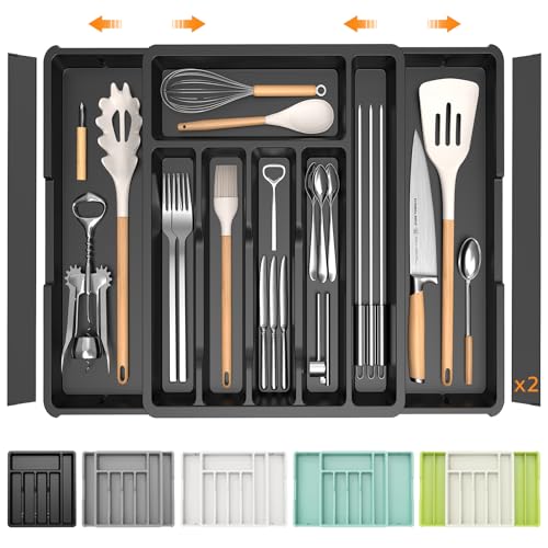 iDavosic.ly Cutlery Drawer Organiser,Expandable Large Cutlery Trays for Kitchen, Adjustable Plastic Utensil Flatware Drawer Organiser Holder for Spoon Fork Knife (Black)