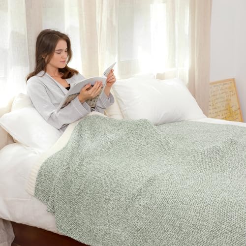 Image of Snuggle Sac Heather Throw Blanket for Couch, Reversible Super Soft Blankets Warm Cozy Knit Fuzzy Plush Lightweight for Sofa, Bed, Camping, Picnic (Sage Green, Twin (60 inchx80 inch))