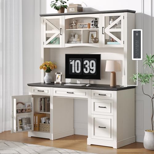 ONBRILL 72 H Farmhouse Executive Desk with Hutch Office Desk Computer Desks with Charging Station Computer Workstations with 5 Drawers and Storage Cabinet for Home Office Off White & Black