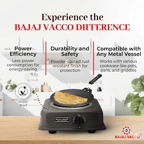 Image of BAJAJ VACCO Coil Hot Plate, 2000-Watt Electric Cooktop, Coil Stove, Cooking Heater, Black, HP-06 New