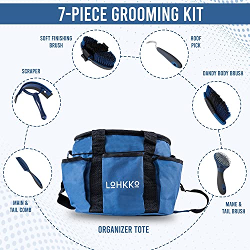 Lohkko 7-Piece Horse Grooming Kit. Organizer Tote Bag, Tack Room Supplies Set with Assorted Hair and Curry Brushes, Hoof Pick, Sweat Scraper. Great Gift for Horse Riders, Beginners, Advanced. (blue)