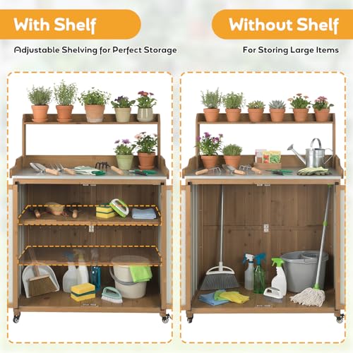 Image of PetsCosset Potting Bench with Storage, Mobile Outdoor Cabinet with Wheels