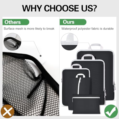 Compression Packing Cubes for Suitcases,Suitcase Organiser Bags,Travel Packing Cubes Compression Set for Backpack,Packing Organisers,Waterproof Travel Organiser Packing Bags (Black, 5 Pack) - Image 6