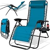 KESSER® - Sonnenliege Liegestuhl Mit Getränkehalter | Verstellbar Rückenlehne | abnehmbares Kopfkissen Kopfpolster| Klappbar | Stahlrahmen |Garten Liege Hochlehner | Gartenstuhl ergonomisch Petrolblau